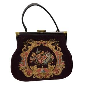Vintage Large Petit Point Needlepoint Purse Handbag Brown Floral